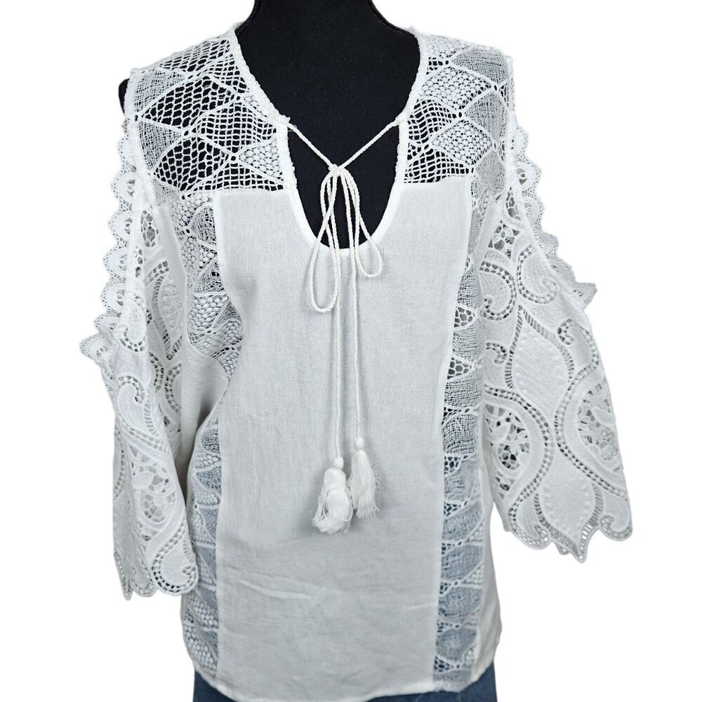 Coastal Boho White Lace Peasant Top XL Cottagecore Hippie Festival 100% Cotton